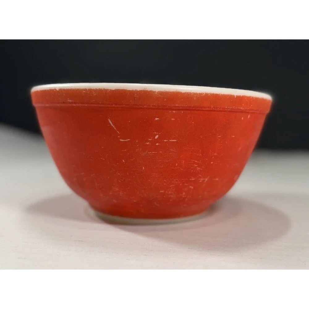 Pyrex Original Solid Glass Bowl Red/White 4in Round Glossy